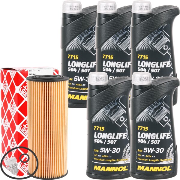 FEBI BILSTEIN Ölfilter + Schraube + MANNOL Longlife 504 / 507 5W-30, 5x1L