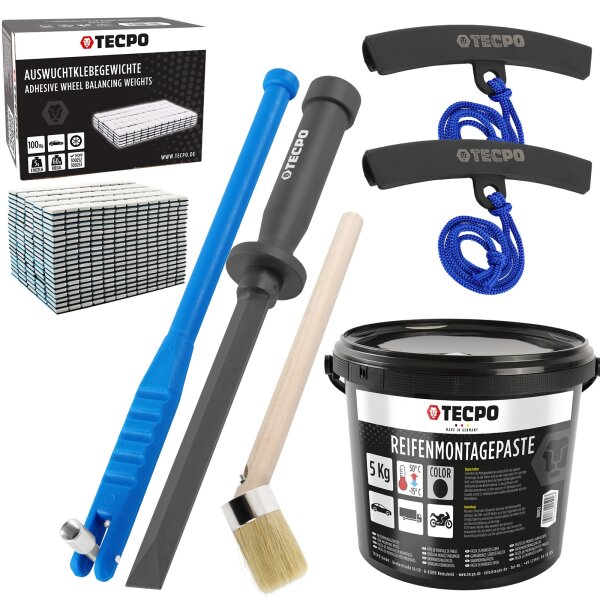 TECPO Felgenkantenschutz + Klebegewicht Schaber Entferner + Ventileinzieher + Reifen Montagepaste mit Pinsel + Auswucht Gewichte