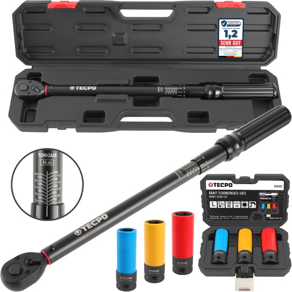 TECPO Drehmomentschlüssel 1/2", 20-200 Nm + Kraft-Schoneinsatz-Satz SW 17mm 19mm 21mm