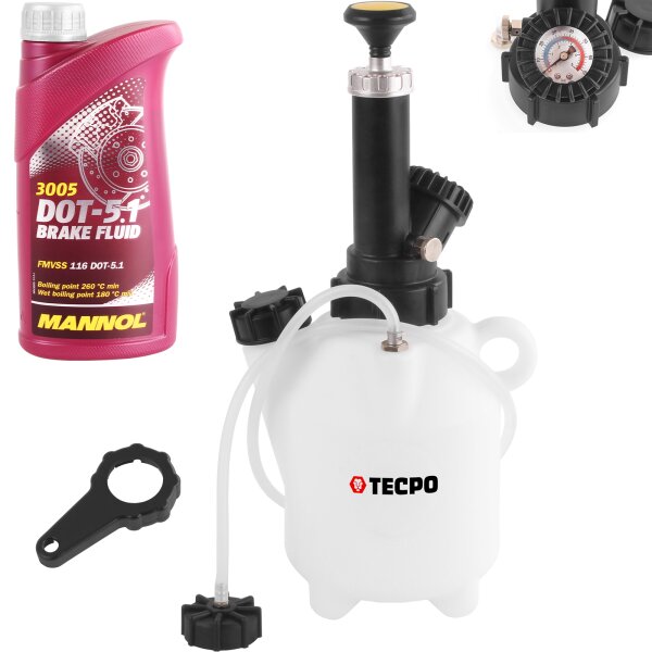 TECPO Bremsenentlüftungsgerät 2 L + Bremsflüssigkeit Dot 5.1, 1 Liter