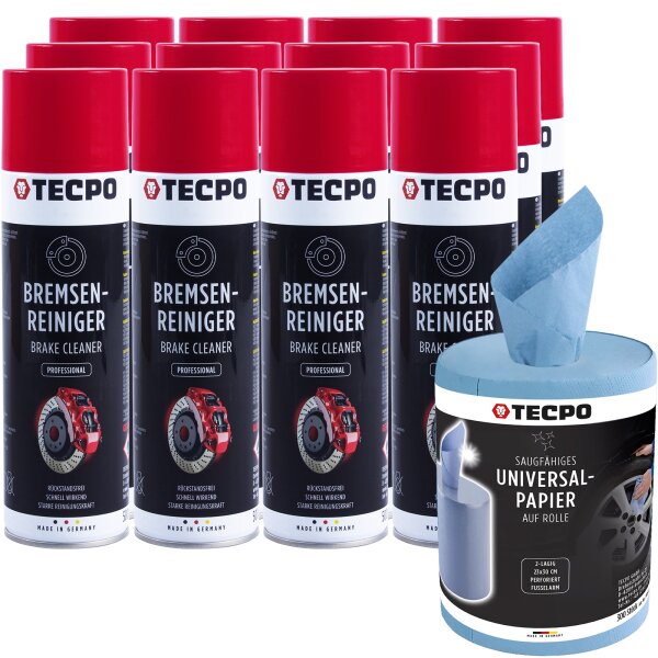12x TECPO Bremsenreiniger Universal Reiniger, 500 ml + Putzrolle blau 2-lagig, 23x30 cm, MINI-300