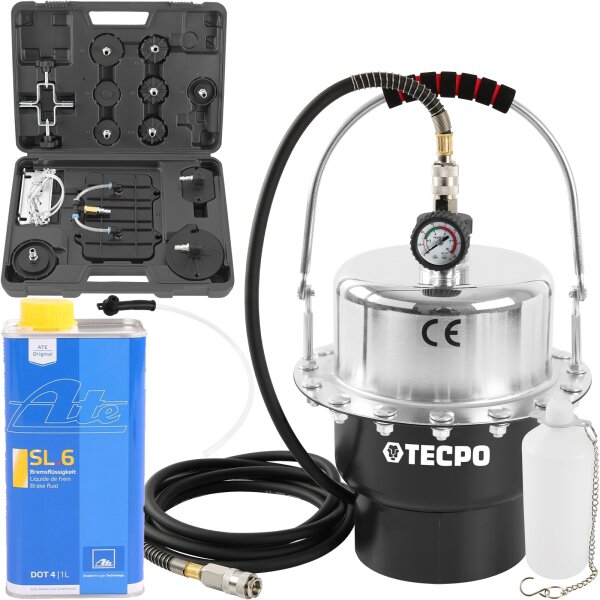 TECPO Druckluft Bremsenentlüftungsgerät, 5 Liter + 1L ATE Bremsflüssigkeit SL6