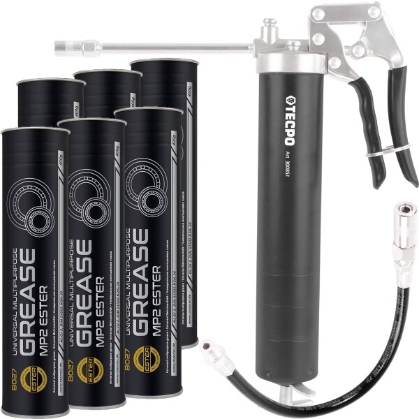 TECPO Einhand-Fettpresse | 500 cm³ + Panzerschaluch + 6x MANNOL Mehrzweckfett MP2, 400g