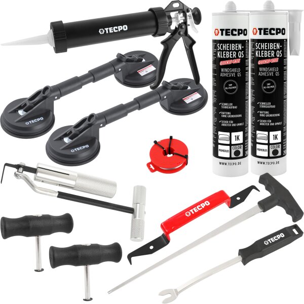 TECPO Windschutzscheibe-Reparaturset + Kartuschenpresse + 2x Gummi-Doppelsauger + 2x Scheibenkleber MS-Polymer, 290 ml