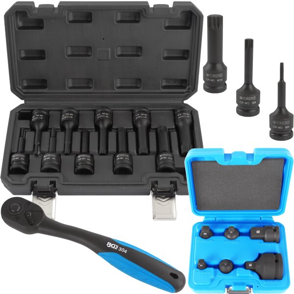 TECPO 10x Kraft-Bit-Einsatz-Satz Vielzahn,M4 - M18 1/2 Zoll + BGS Kraft-Adapter-Satz, 6-tlg. + Umschaltknarre 1/2"