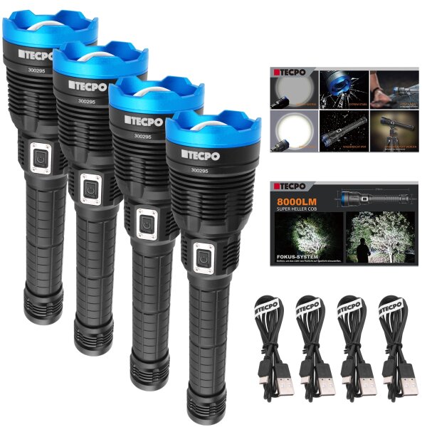 4x TECPO Taschenlampe 8000 Lumen, 6500K, 200m Leuchteweite, Akku Power-Lampe