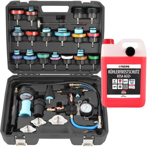 TECPO Kühlsystem Abdrückgerät + TECPO Kühlerfrostschutz Rot, 5 Liter