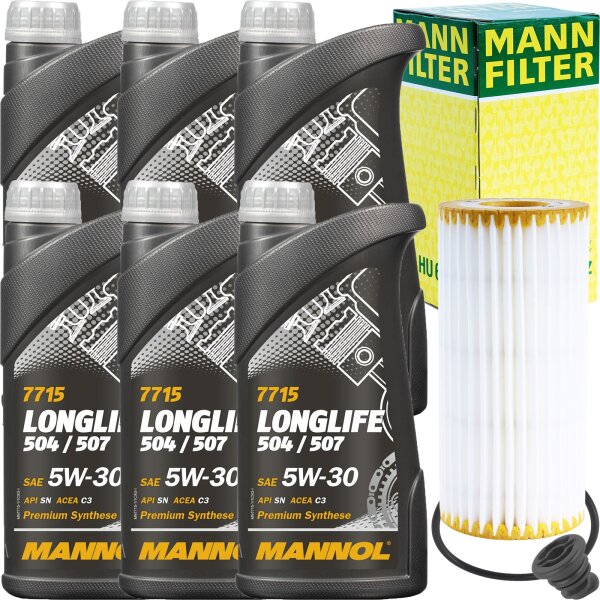 MANN-FILTER Ölfilter + Schraube + MANNOL 7715 LONGLIFE 504/507, 6 Liter