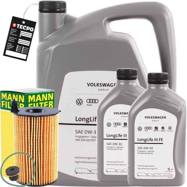 MANN-FILTER Ölfilter + Schraube + OE VAG Motoröll 0W-30, 7 L + Ölzettel