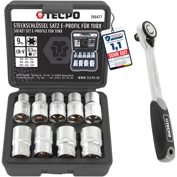 TECPO Außen Torx Steckschlüssel Satz 1/2 Zoll, E10 bis E24, 9-teilig + TECPO Umschaltknarre 1/2 Zoll
