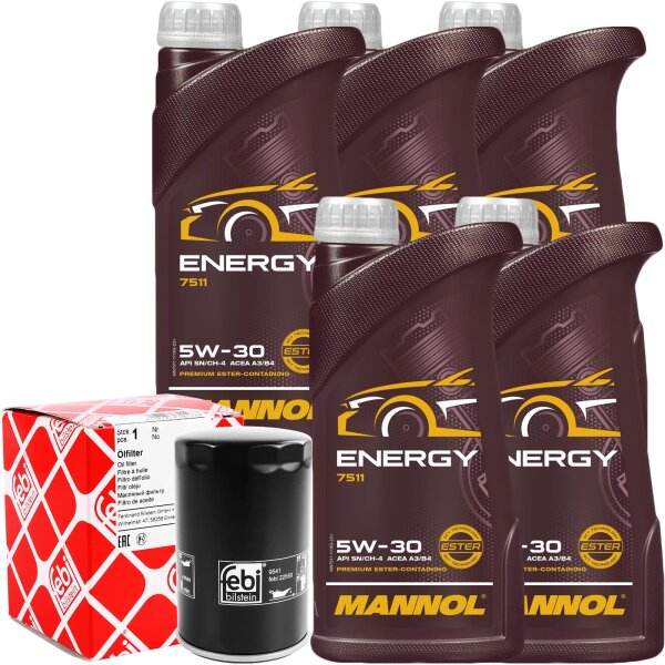 FEBI BILSTEIN Ölfilter + MANNOL 5W-30 ENERGY, 5x1 Liter