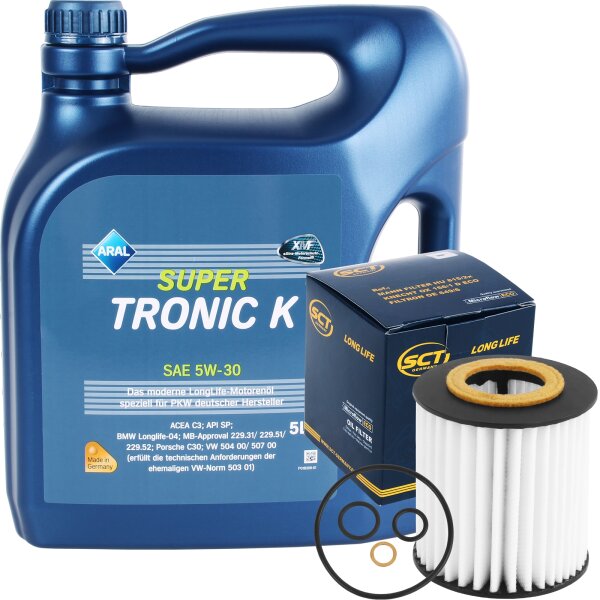 SCT Germany Ölfilter + ARAL Super Tronic K Motoröl 5W-30, VW 504.00 507.00, 5 Liter