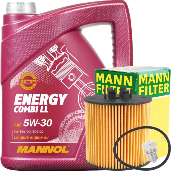 MANN-FILTER Ölfilter + Schraube + MANNOL Energy Combi LL 5W-30, 5 Liter