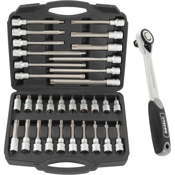 TECPO Steckschlüssel Satz 1/2" Innen Torx 32-tlg. + Umschaltknarre 1/2 Zoll 72 Zähne feinverzahnt, 512 nM