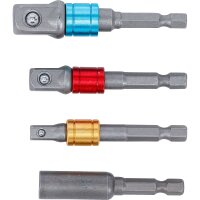BGS Do it yourself Adapter-Satz für Bohrmaschinen | farbig | Antrieb Außensechskant 6,3 mm (1/4") | Abtrieb Außenvierkant 6,3 mm (1/4"), 10 mm (3/8"), 12,5 mm (1/2"), Innensechskant 6,3 mm (1/4") | 4-tlg.