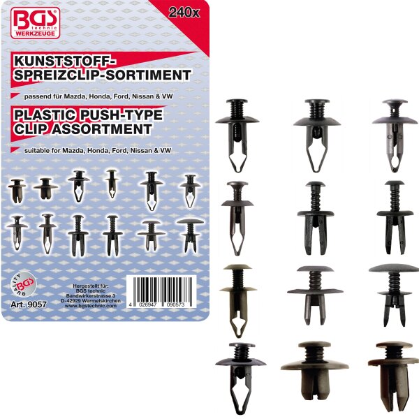 BGS 240x Kunststoffspreizclip-Sortiment für Mazda, Honda, Ford, Nissan, VW