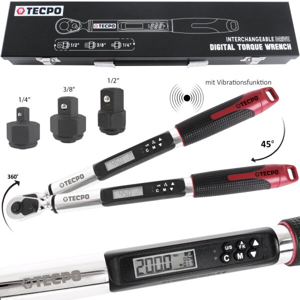 TECPO Digitaler Drehmomentschlüssel mit Winkel Funktion 3in1, 1/4" – 3/8" – 1/2", 2-200 Nm