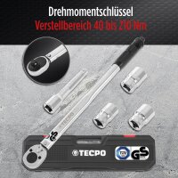 TECPO Drehmomentschlüssel 1/2 Zoll, 40-210 Nm + Stecknüsse 17-19-21 mm