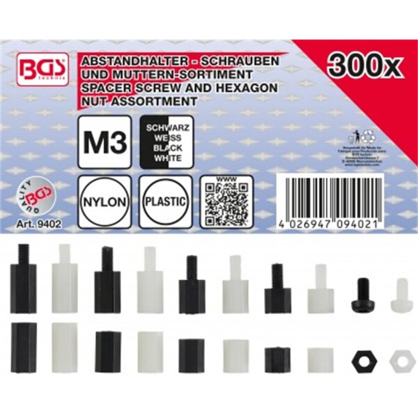 BGS Abstandhalter-Schrauben und Sechskant-Muttern-Sortiment | Nylon | 300-tlg.