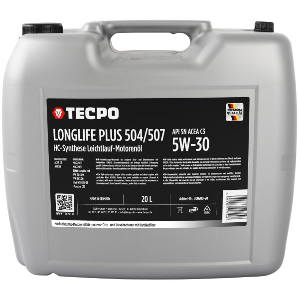 20L TECPO 5W-30 LONGLIFE PLUS MOTORÖL für VW 504.00 507.00 MB 229.31 229.51 BMW LL-04 C30