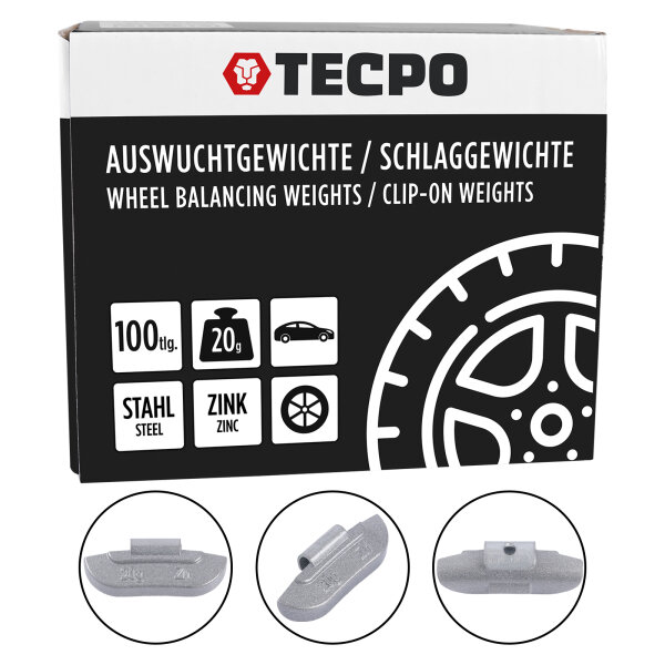 TECPO Auswuchtgewichte Schlaggewichte 20g Zink für Stahlfelgen, 100-tlg.