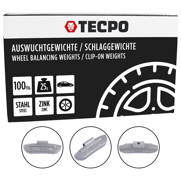 TECPO Auswuchtgewichte Schlaggewichte 25g Zink für Stahlfelgen, 100-tlg.