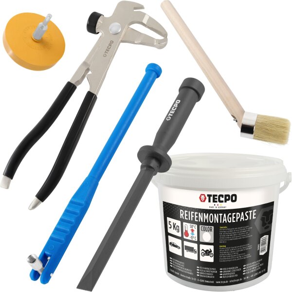TECPO Reifenmontagepaste weiß 5 kg + Pinsel + Auswuchtzange + Einziehwerkzeug + Schaber + Radierer