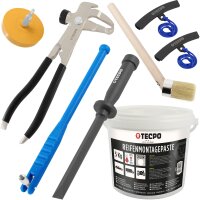 TECPO Reifenmontagepaste weiß 5 kg + Pinsel + Auswuchtzange + Felgenkantenschutz + Einziehwerkzeug + Radierer + Schaber
