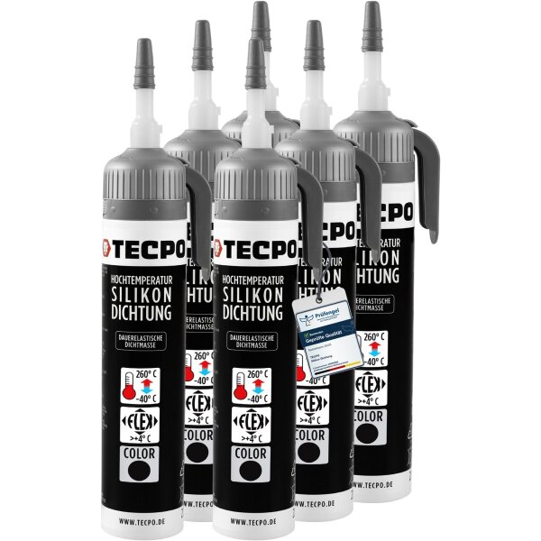 6x TECPO Hochtemperatur Silikon Dichtung HSD 30 schwarz, 200 ml