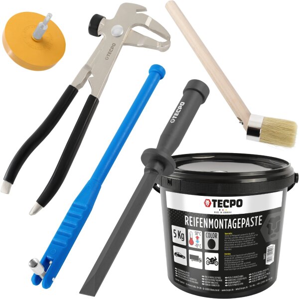 TECPO Reifenmontagepaste schwarz 5 kg + Pinsel + Auswuchtzange + Einziehwerkzeug + Radierer + Schaber