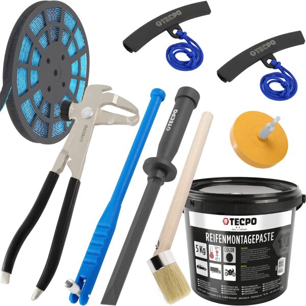TECPO Auswuchtzange + Felgenkantenschutz + Klebegewicht Schaber Entferner + Ventileinzieher + Reifen Montagepaste mit Pinsel + Auswucht Gewichte + Radierer