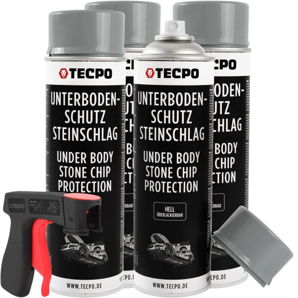 4x TECPO Unterbodenschutz überlackierbar hell, 500 ml + Pistolengriff