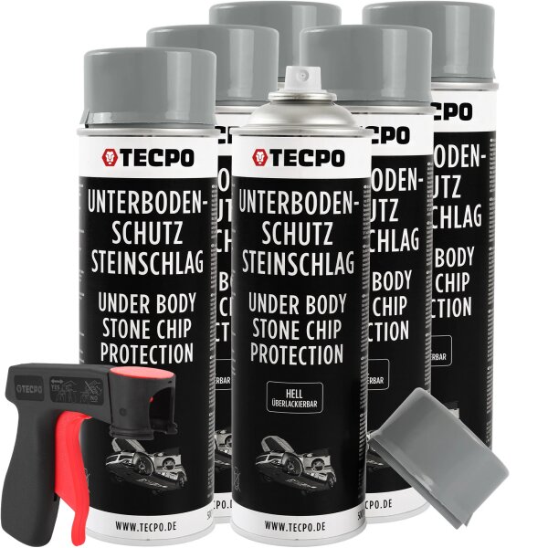 6x TECPO Unterbodenschutz überlackierbar hell, 500 ml + Pistolengriff