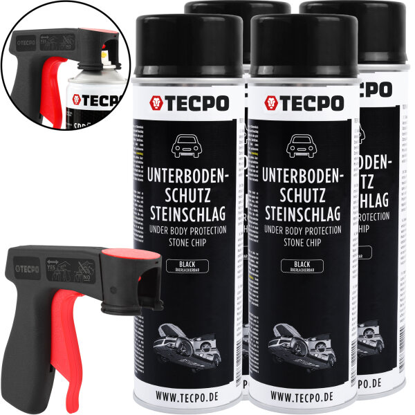 4x TECPO Unterbodenschutz überlackierbar schwarz, 500 ml + Pistolengriff