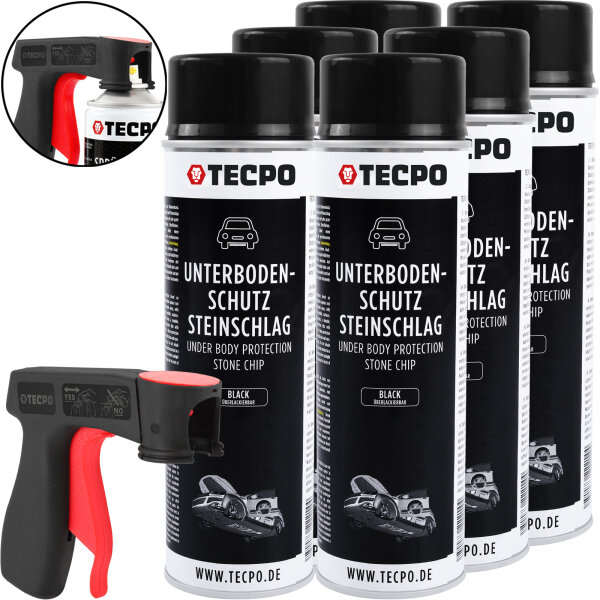 6x TECPO Unterbodenschutz überlackierbar schwarz, 500 ml + Pistolengriff