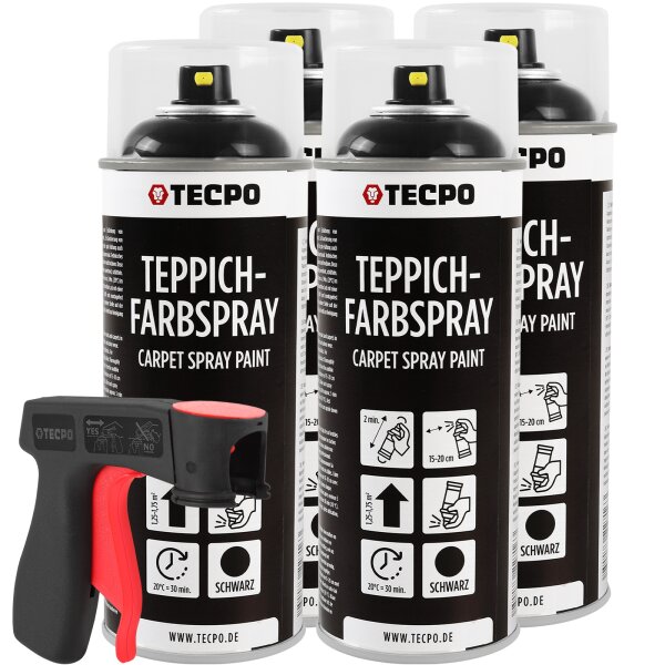 4x TECPO 1K Farbspray Schwarz Teppich / Fußmatten, 400 ml + Sprühpistole