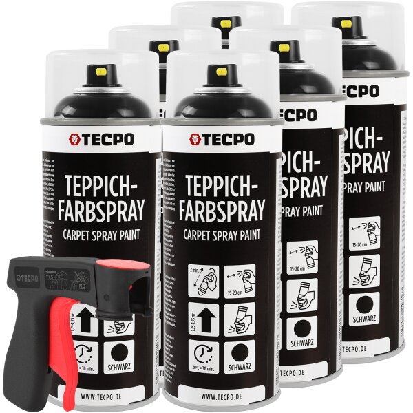 6x TECPO 1K Farbspray Schwarz Teppich / Fußmatten, 400 ml + Sprühpistole
