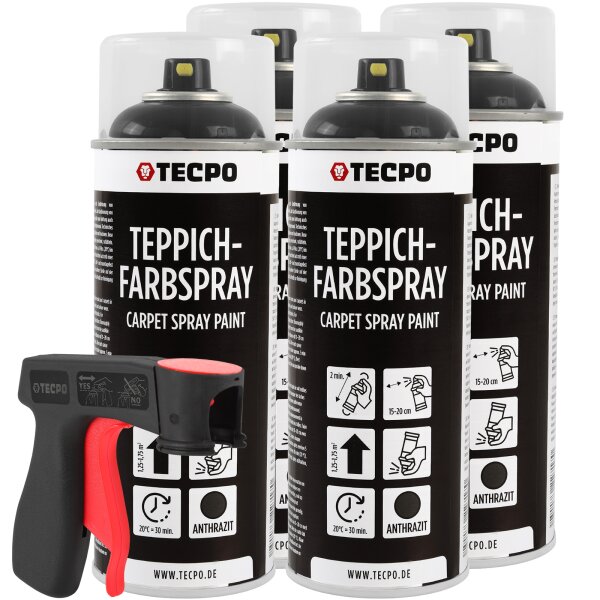 4x TECPO 1K Farbspray Anthrazit Teppich / Fußmatten, 400 ml + Sprühpistole