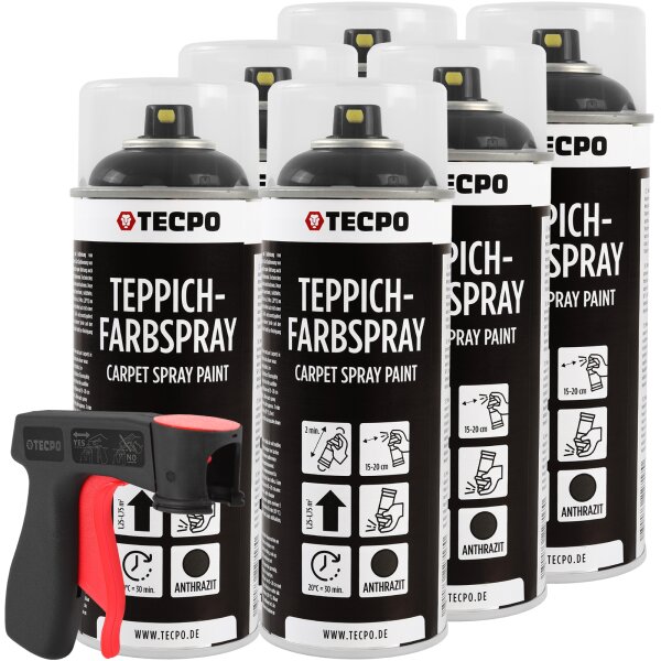 6x TECPO 1K Farbspray Anthrazit Teppich / Fußmatten, 400 ml + Sprühpistole