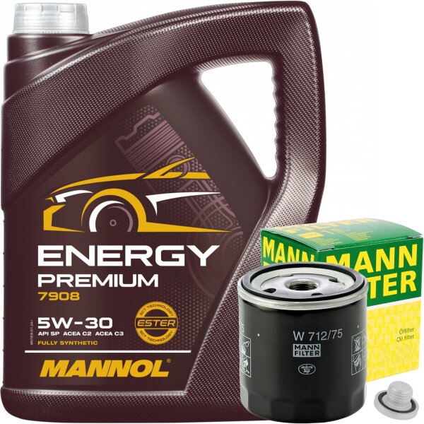 MANN-FILTER Ölfilter + Schraube + MANNOL Energy Premium 5W-30, 5L