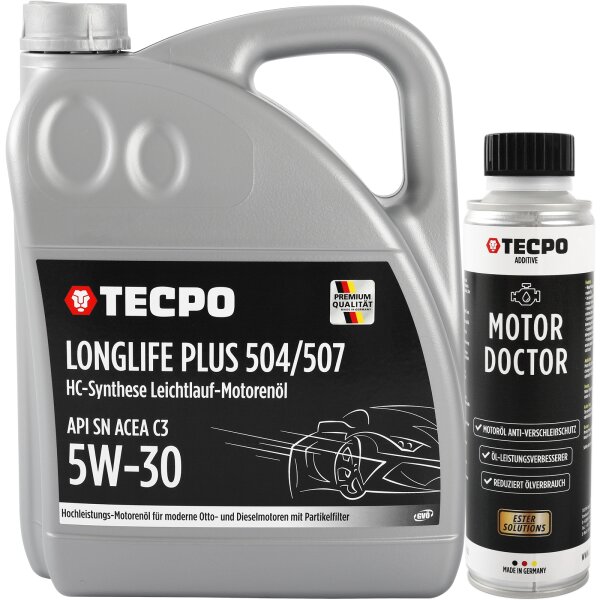 5L TECPO 5W-30 LONGLIFE PLUS MOTORÖL für VW 504.00 507.00 MB 229.31 229.51 BMW LL-04 C30 + Motor Doctor Motoröl Anti-Verschleißschutz, 300 ml