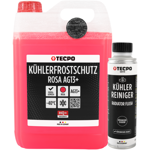 TECPO Kühlerfrostschutz Kühlmittel AG13+ rosa (-40 C°) Antifreeze 5L + Kühlerreiniger Kühlwasser Reiniger, 300 ml