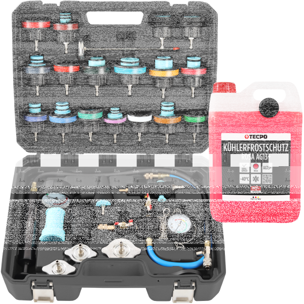 TECPO Kühlsystem Abdrückgerät 27-teilig + 5L Kühlerfrostschutz Kühlmittel AG13+ rosa (-40 C°) Antifreeze