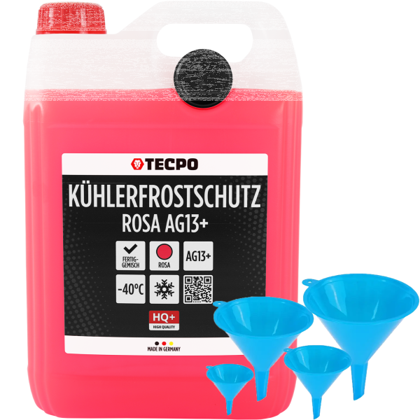 TECPO Kühlerfrostschutz Kühlmittel AG13+ rosa (-40 C°) Antifreeze 5L + BGS DIY Trichter-Satz Ø 50-125mm, 4-tlg.