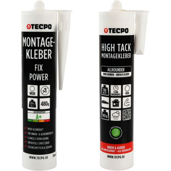 TECPO Universal Montagekleber Ultra FIX Power Baukleber 480g Weiß + Montagekleber HIGH TACK Baukleber, 1x 455g Kleber + Dichtstoffe MS-Polymer SMP