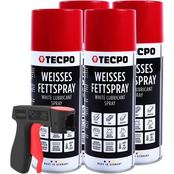 TECPO Weisses Fettspray Sprühfett White Grease 4x 400 ml Hochleistungs-Schmierfett mit starker Kriechwirkung und Korrosionsschutz + Sprühpistole