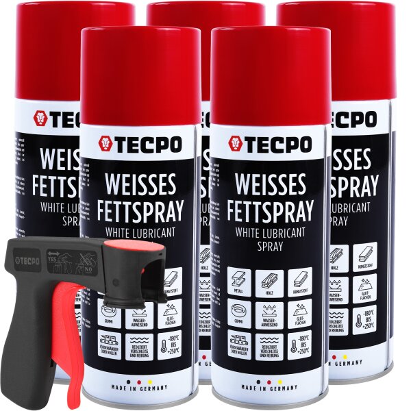 TECPO Weisses Fettspray Sprühfett White Grease 5x 400 ml Hochleistungs-Schmierfett mit starker Kriechwirkung und Korrosionsschutz + Sprühpistole
