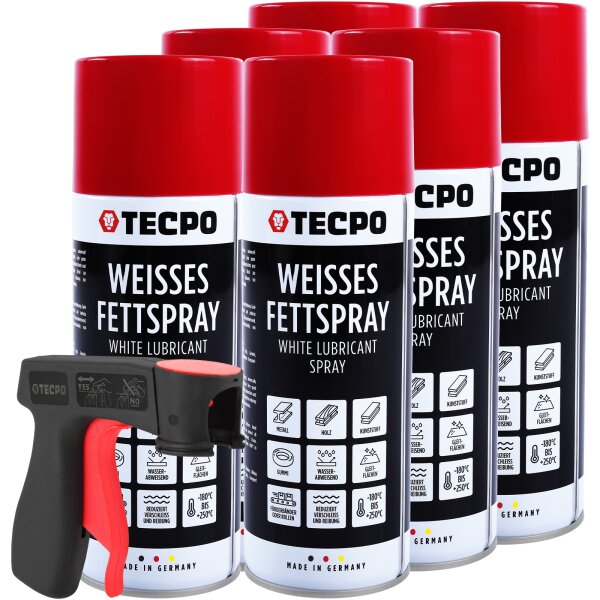 TECPO Weisses Fettspray Sprühfett White Grease 6x 400 ml Hochleistungs-Schmierfett mit starker Kriechwirkung und Korrosionsschutz + Sprühpistole