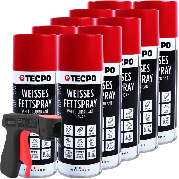 TECPO Weisses Fettspray Sprühfett White Grease 10x 400 ml Hochleistungs-Schmierfett mit starker Kriechwirkung und Korrosionsschutz + Sprühpistole