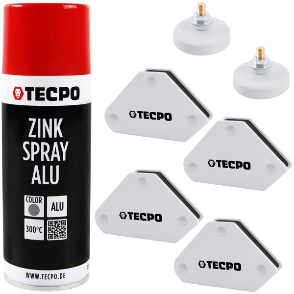 4x TECPO Magnet Schweißwinkel 4 kg 9 lbs + 2x Masseklemme + Zink Spray ALU Hell 400 ml bis 300°C Grundierung Rostschutz Korrosionsschutz